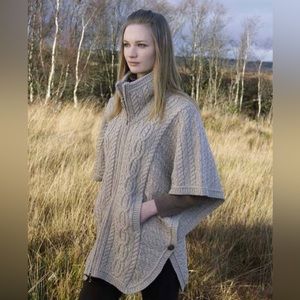 Aran Funnel Neck Tan Merino Wool Poncho Jacket Made in Ireland Size S/M